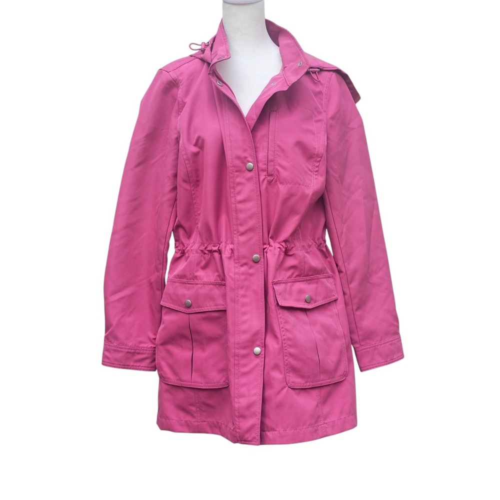 Talbots Women's Pink Hooded Raincoat Midlength Drawstring Waist Jacket Medium